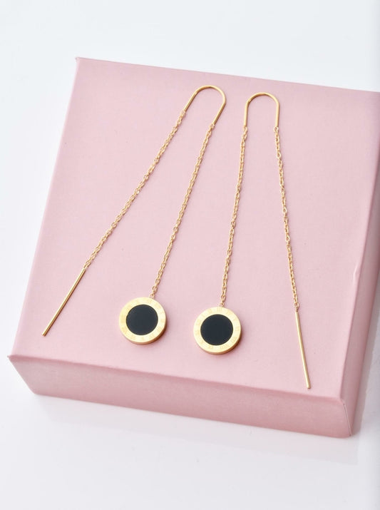 14k Gold Plated Threader Earrings with Black Enamel Circle