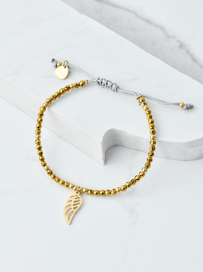 Adjustable Gold Beads Bracelet with Gold Plated Angel Wing