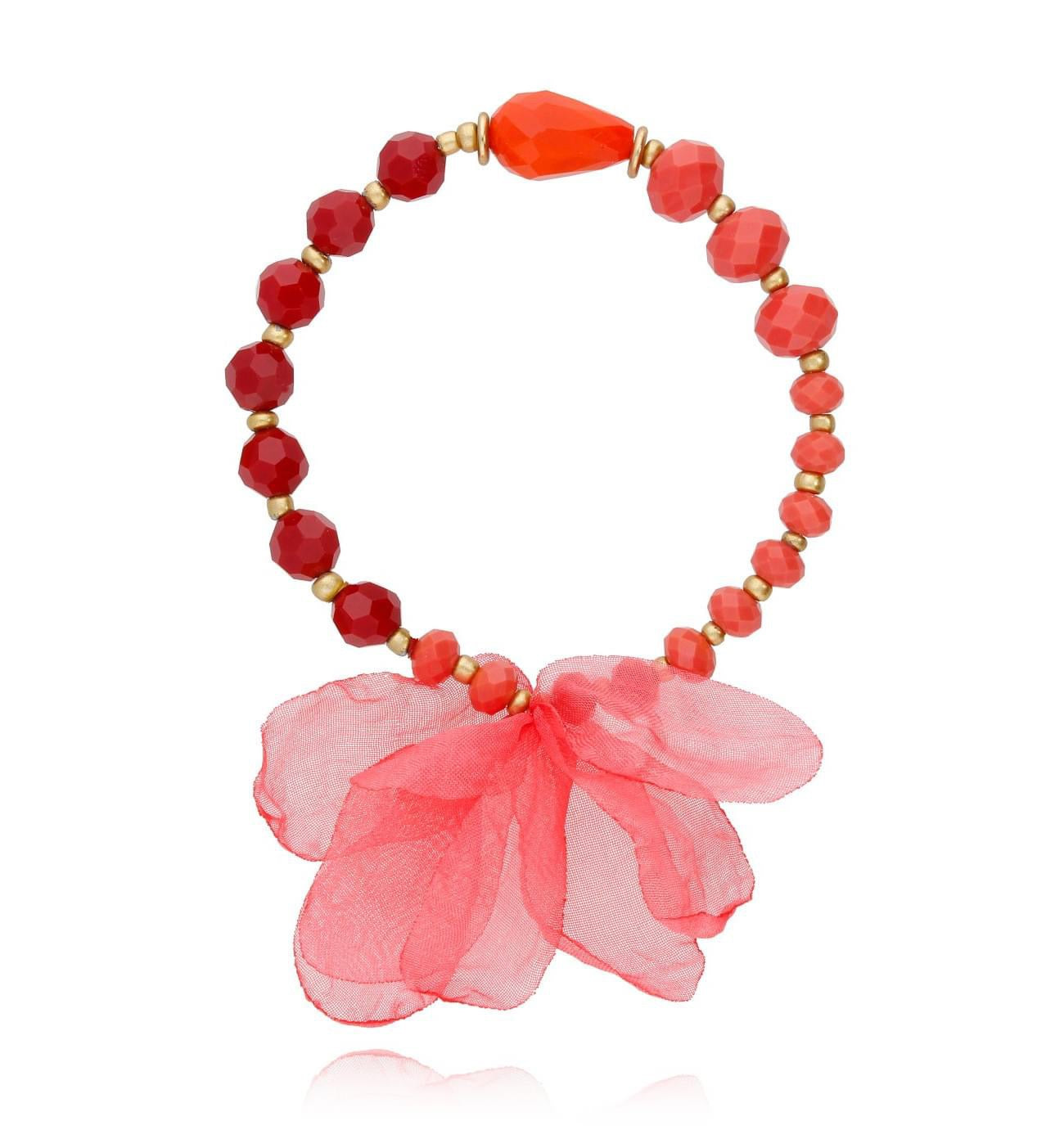 Bright Red Crystals Bracelet with Silk Flower