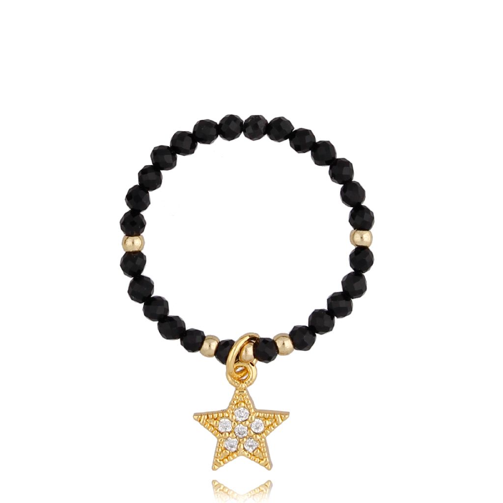 Elastic Black Agate Ring with Crystals Star