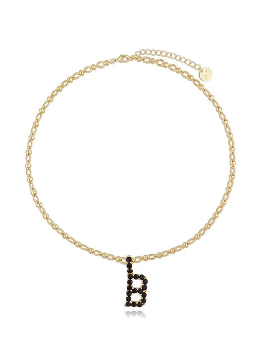 Gold Knots Chain Necklace with Black Crystals Letter B