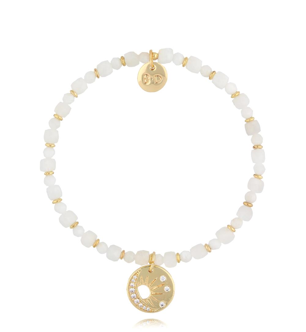 Elastic White Morganite Stones Bracelet with Moon & Sun Pendant 2803