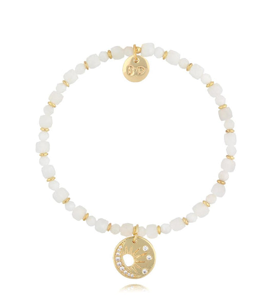 Elastic White Morganite Stones Bracelet with Moon & Sun Pendant 2803