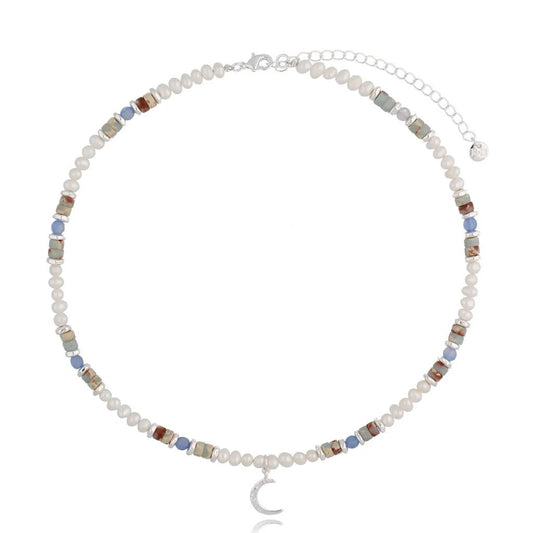 Silver Necklace with White Pearls, Agate Natural Stones and Moon