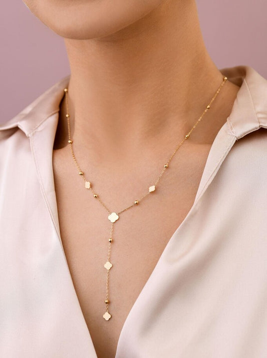 14k Gold Plated Y Necklace with Gold Clovers and Balls