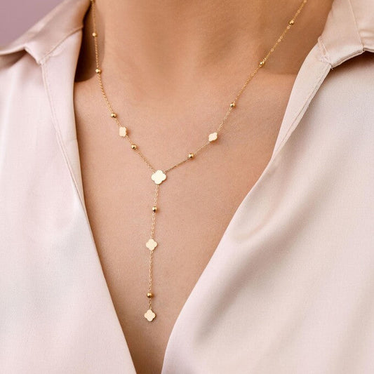 14k Gold Plated Y Necklace with Gold Clovers and Balls