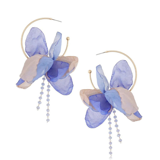 Blue & Gray Silk Flower Hoops Earrings