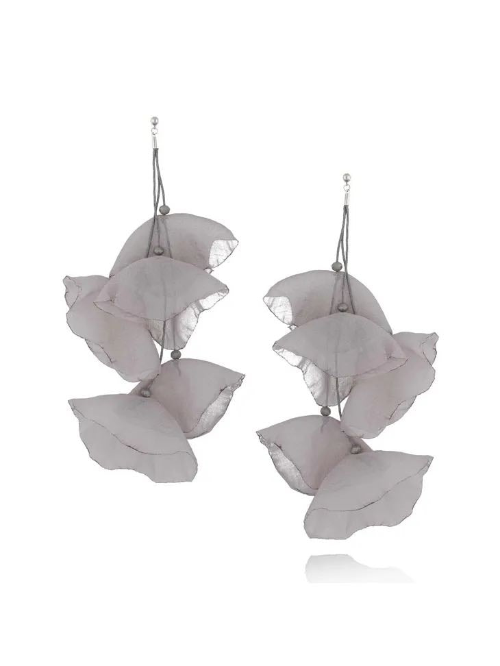 Gray Silk Flower Earrings with Silver Finishing 7,5 inch Long