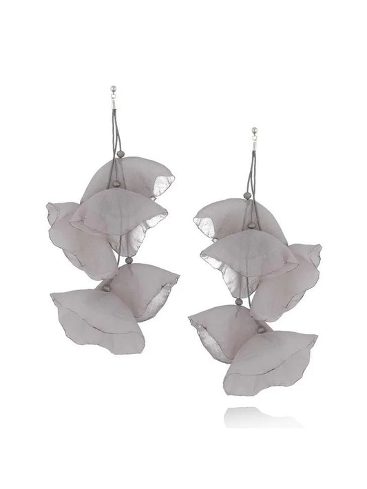 Gray Silk Flower Earrings with Silver Finishing 7,5 inch Long