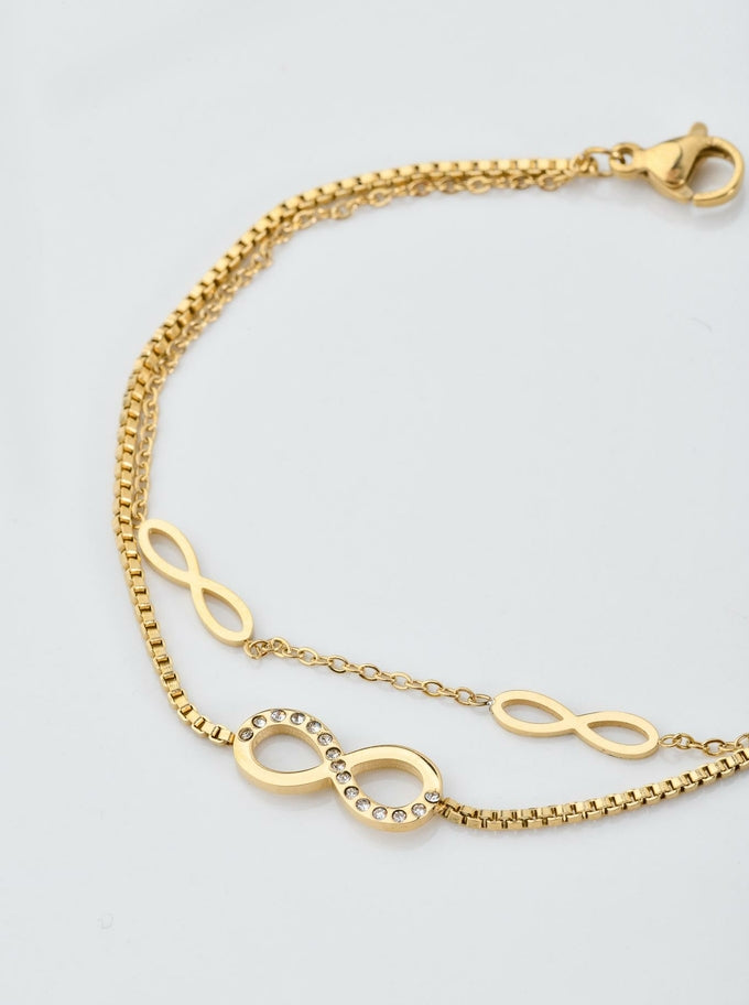 14k Gold Plated Double Chain Bracelet with Crystal Infinity Pendants