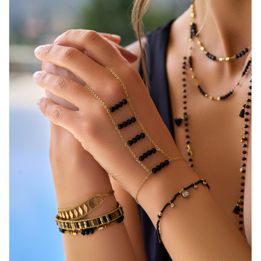 Gold Plated Black Agate Ring Bracelet Cher