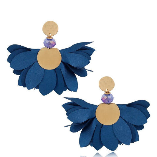 Peacock Green/Blue Satin Flower Earrings with Harvest Gold Finishing