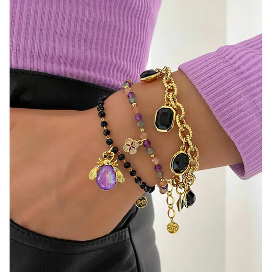 Purple Beetle Bracelet with Black Crystals