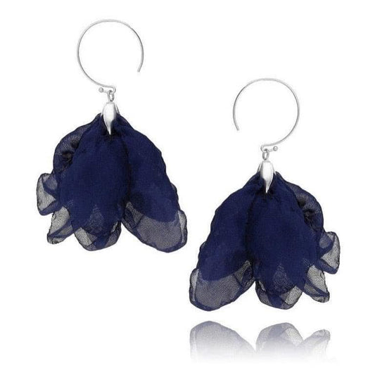 Navy Silk Tulip Flower Earrings with Silver Finishing