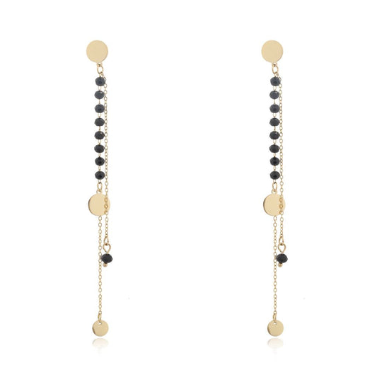 14k Gold Plated Double Chain Earrings with Black Crystals and Flat Discs (CL)
