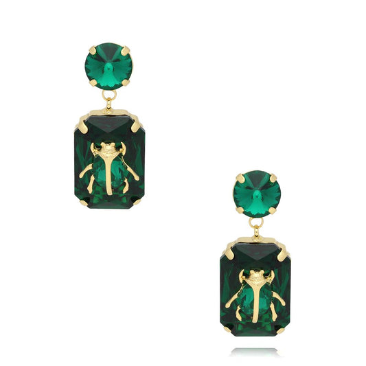 New! ~ Gold Earrings with Emerald Green Crystal and Green Beetle Siyo