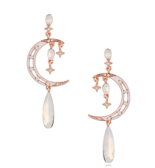 Rose Gold with Milk White Crystals Moon and Stars Earrings Thea