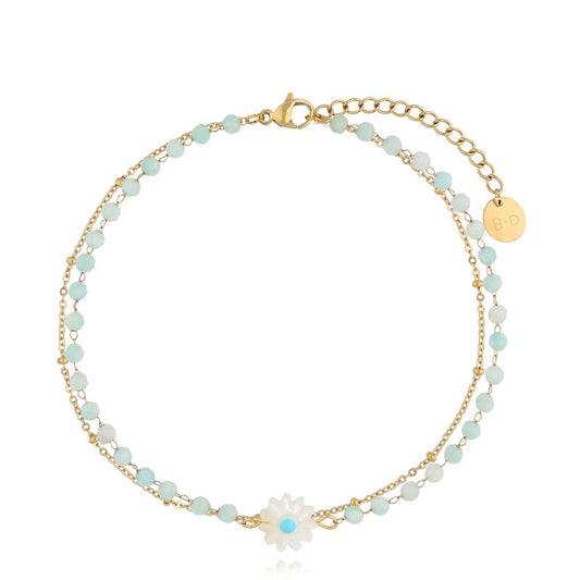 Double Chain Turquoise Jadeite Stones Anklet with Flower