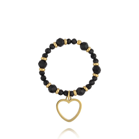 Black Turmaline Stones Ring with Heart Pendant