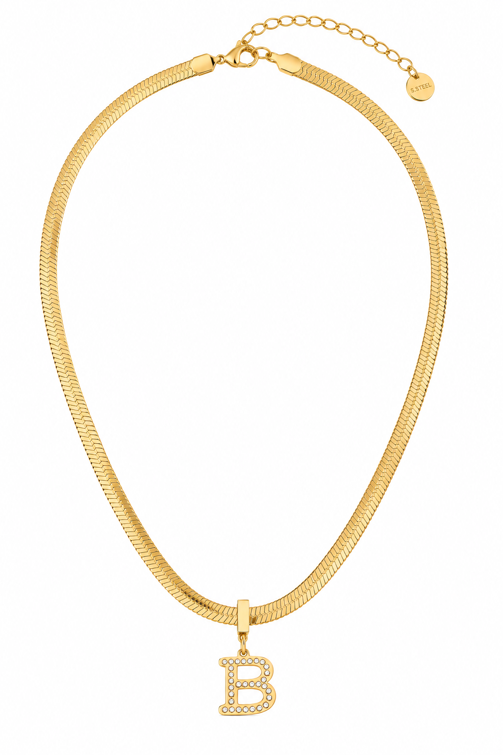 Gold Stainless Steel Necklace with Letter B and Crystals