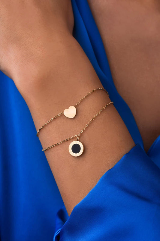 14k Gold Plated Double Chain Bracelet with Heart and Back Enamel Circle