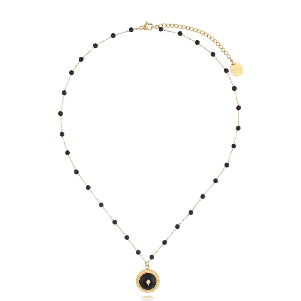 Gold Plated Black Stones Necklace with Crystal Pendant Pecos