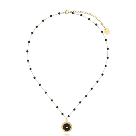 Gold Plated Black Stones Necklace with Crystal Pendant Pecos