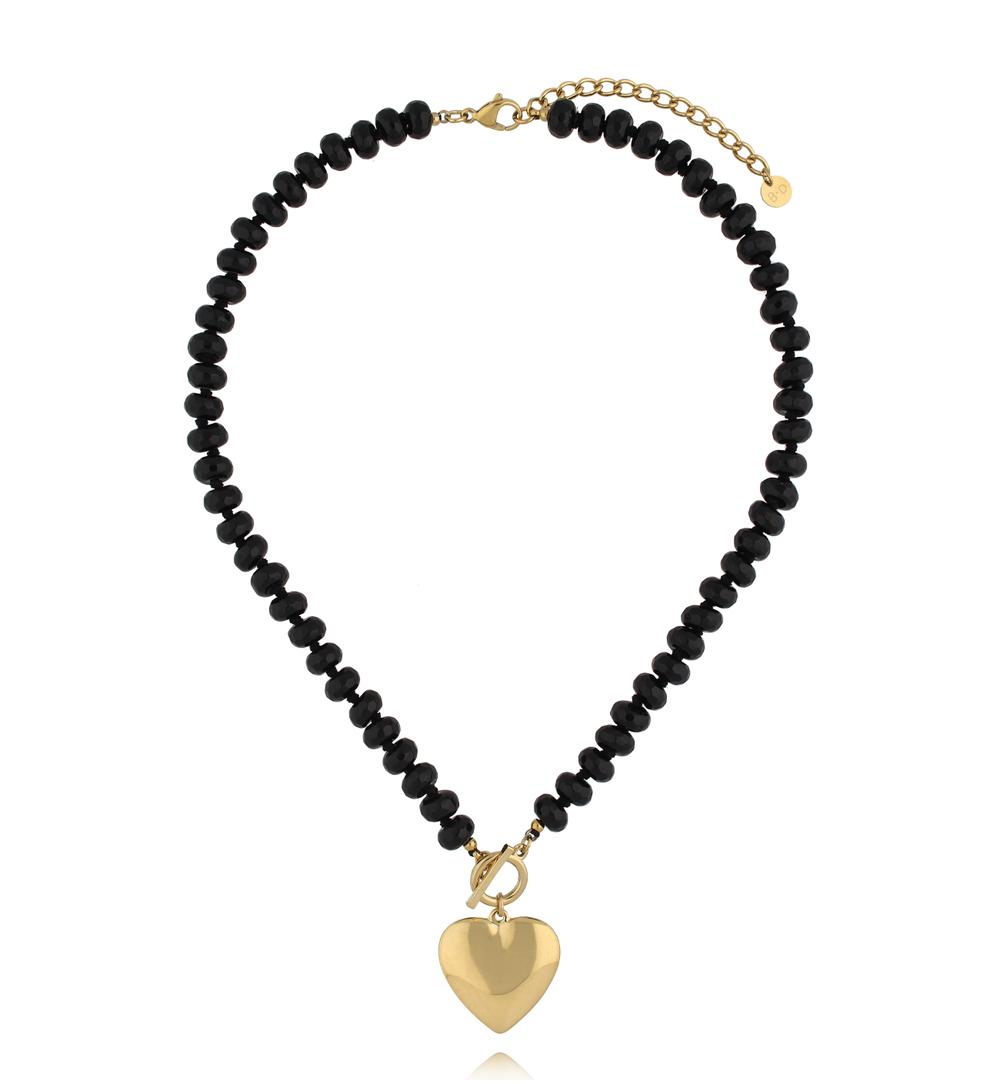 Glam Rock Black Agate Stones Necklace with Gold Heart