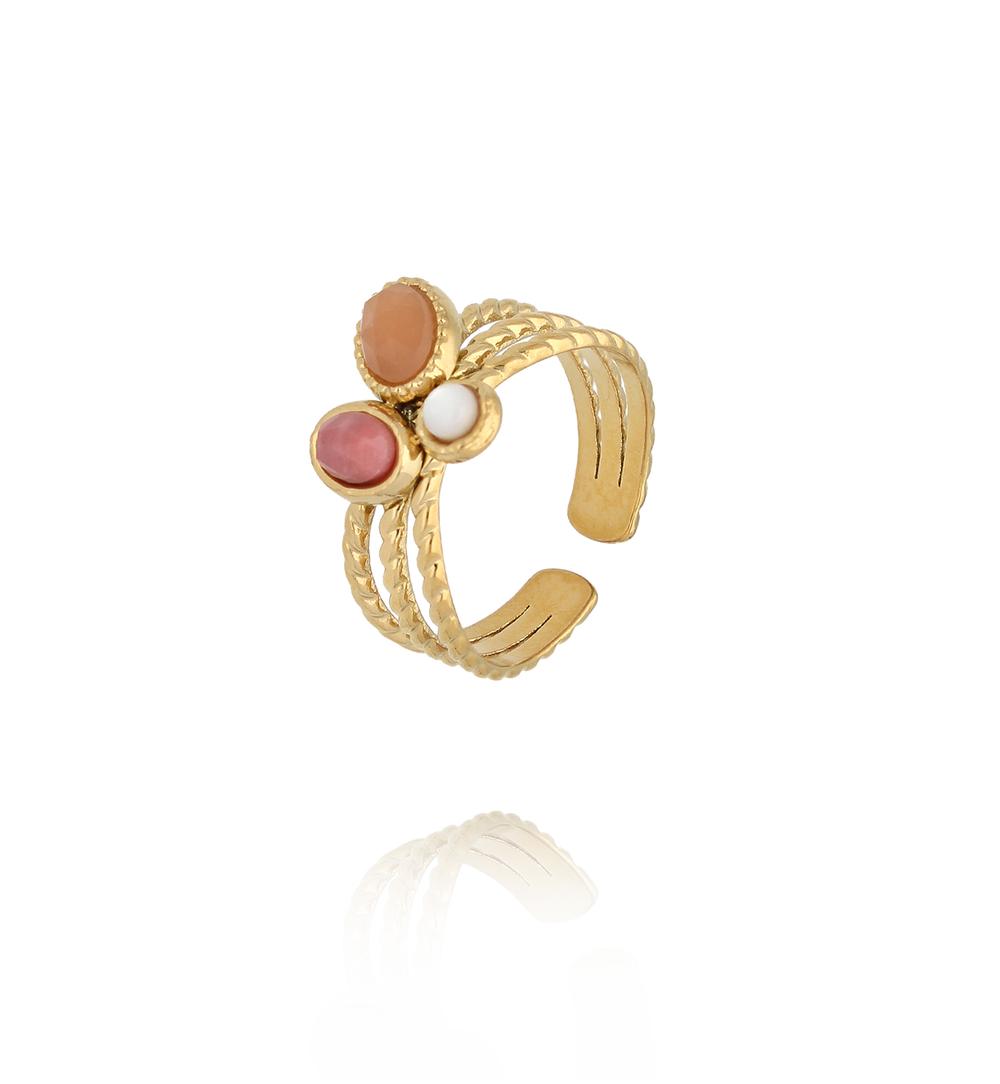 Gold Plated Adjustable Ring with Sun Stone and Seashell 0084