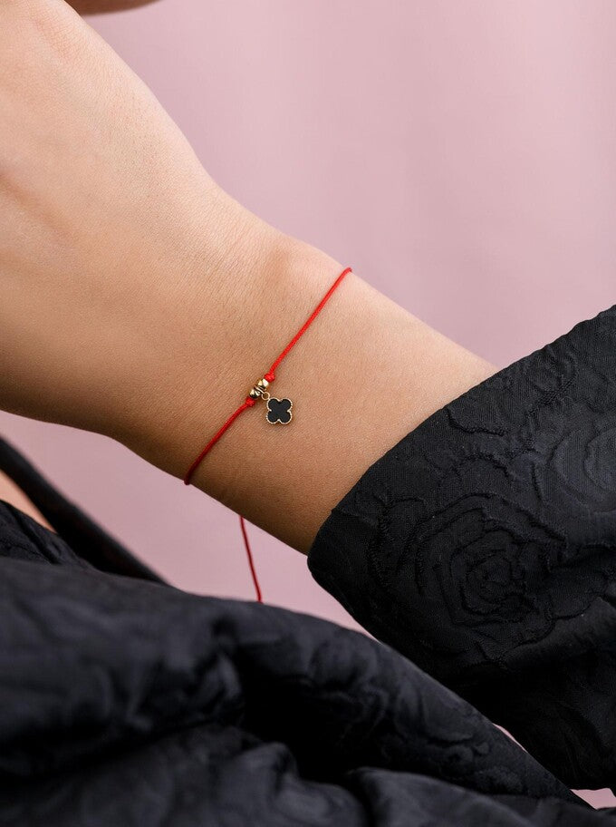 Lucky Thin Red String Bracelet with Black Clover