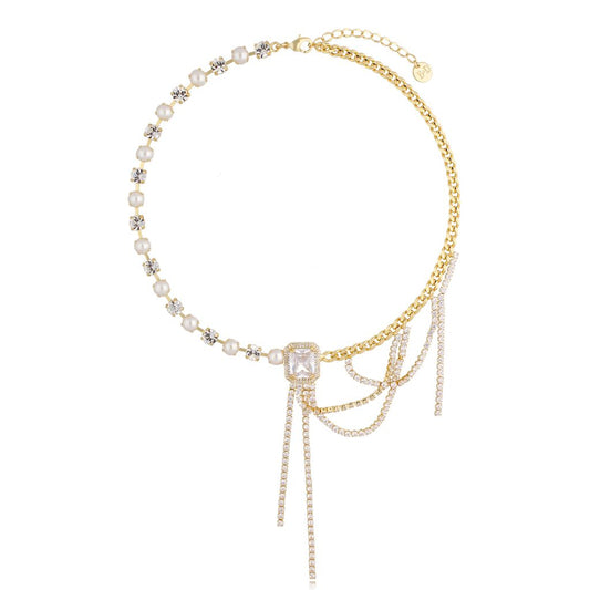 Glamour Crystal Clear & Pearls Fringe Necklace