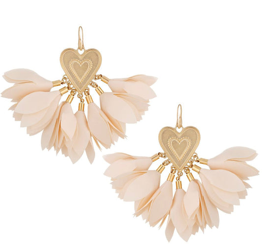 Beige Satin Heart Earrings with Gold Finishing