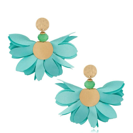 Satin Flower Earrings in Turquoise with Old Gold Finishing