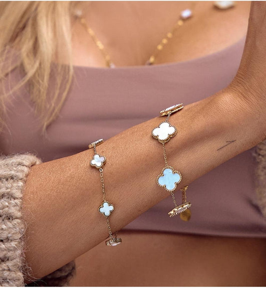 Gold Plated Bracelet with Small White Pearl Clovers