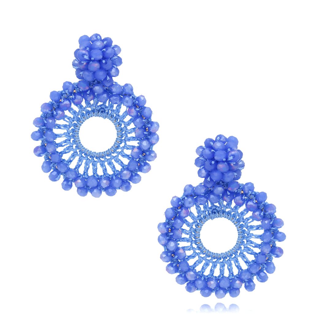 Sparkling Saphire Blue Faceted Glass Round Crystals Earrings