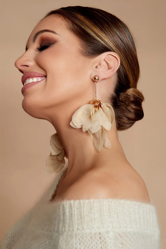 Cream Beige with Gold Shimmer Silk Earrings