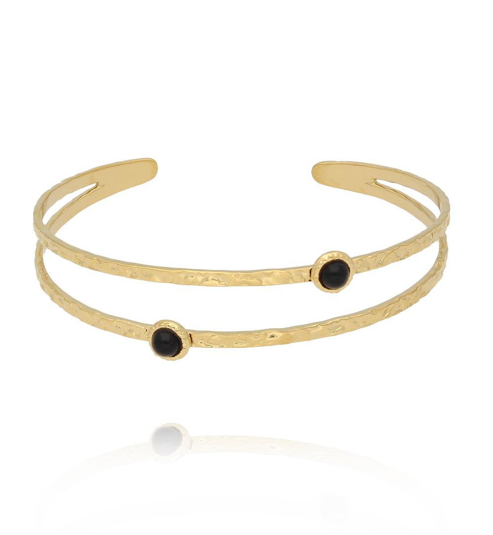Gold Plated Earth Song Double Cuff Bracelet with Black Agate 0028