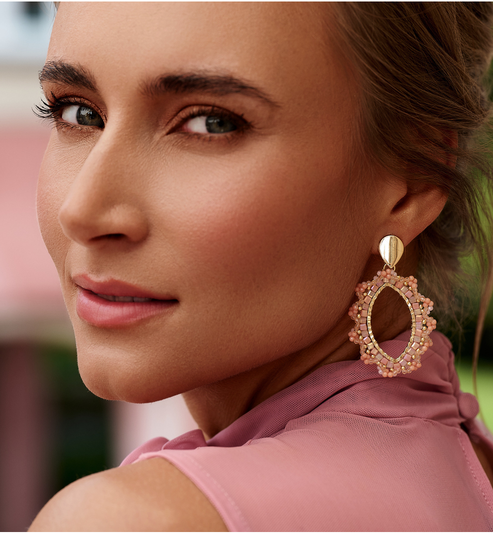 Peach and Beige Pink Flower Crystal Earrings 0323