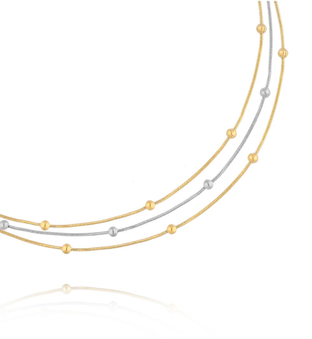 Simple Steel Silver and Gold Triple Necklace with Balls