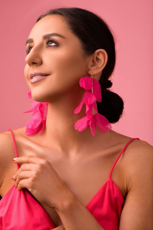 Summer Pink Multi Leaf Silk Flower Earrings
