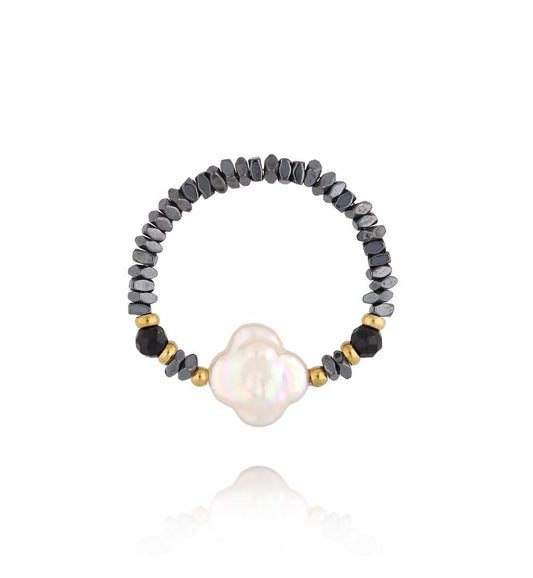 Hematite & Tourmaline Stones Elastic Ring with Pearl Clover 0520