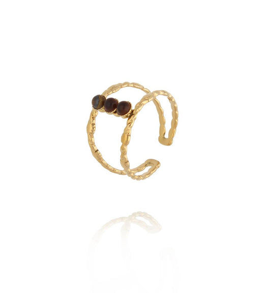 Gold Plated Three Tigers Eye Stones Ring 0021