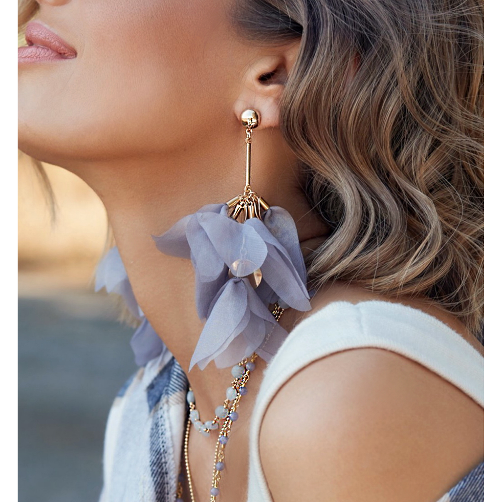 Dolphin Gray Silk Flower Earrings with Gold Shimmer