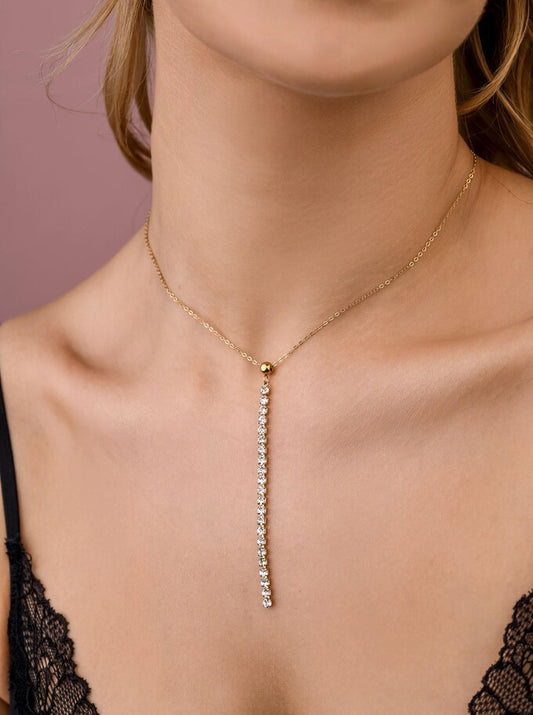 14k Gold Plated Y Necklace with Crystals Lariat