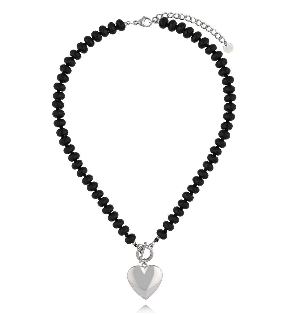 Glam Rock Black Agate Stones Necklace with Silver Heart 1630