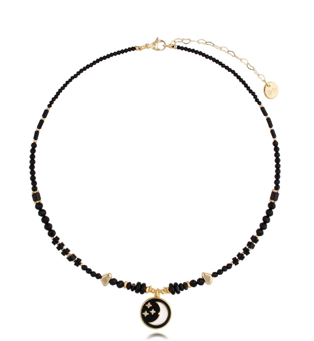 Black Tourmaline and Agate Stones Necklace with Moon & Stars Pendant 0868