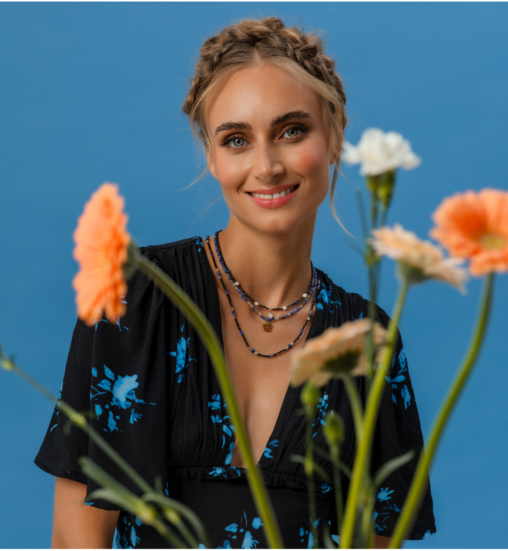 Blue Tourmaline, Lapis Lazuli and Pearls Necklace with Pearl Clover