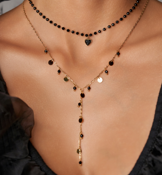 Gold Plated Black Tourmaline Y Necklace with Gold Discs Incantatio