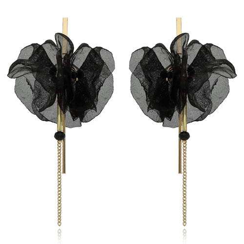 Antiallergic Black Silk Flower Earrings with Gold Chains & Crystals