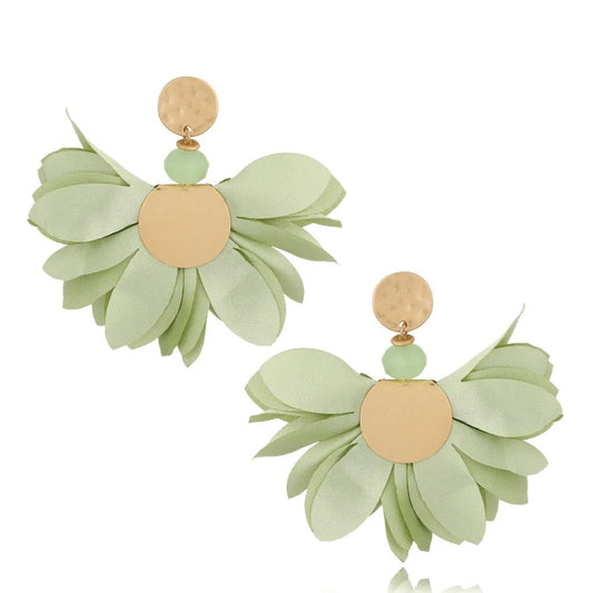 Mint Green Satin Flower Earrings with Old Gold Finishing